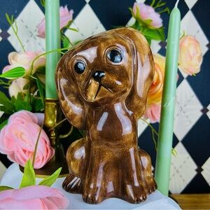 Glazed Ceramic Dog Figurine Vintage Brown Whimsical Mid-Century Accent Canine